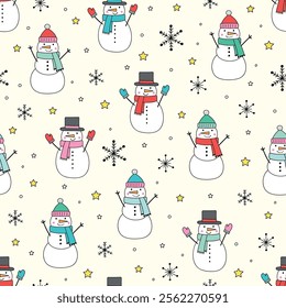 Christmas background. Seamless pattern design with hand drawn snowman. Vector illustration