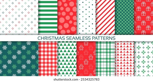 Christmas background. Seamless pattern with dots, snowflake, stripe, present, plaid. Holiday red green prints. Set geometric textures. Collection wrapping papers. Xmas backdrops. Vector illustration  