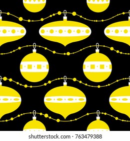 Christmas background. Seamless pattern with garland and decoration balls. Vector illustration in cute retro flat style for New Year wrapping, seasonal backdrops, cards, textile, surface design
