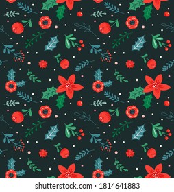 Christmas background and seamless pattern, New Year abstract botanical illustrations, cards and patterns with red flowers and leaves. Vector illustration