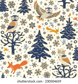 Christmas background. Seamless pattern with owls, fox, squirrel, birds, Xmas tree and snowflakes. Vector forest illustration.