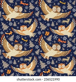 Christmas background. Seamless pattern with owls, forest animals, xmas trees and snowflakes. Vector illustration.