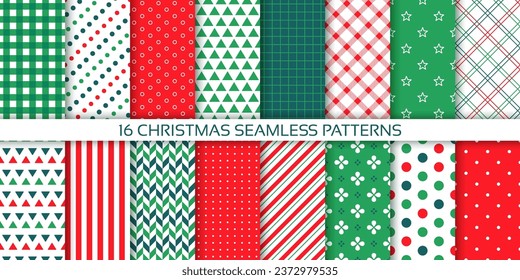 Christmas background. Seamless pattern. Prints with polka dot, stripes, herringbone, triangle, plaid. Set festive wrapping papers. New year textures. Collection red green backdrop. Vector illustration