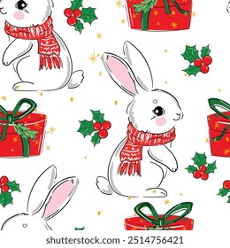 Christmas background Seamless pattern rabbit, bunny and gift box print design background vector textile for kids fashion