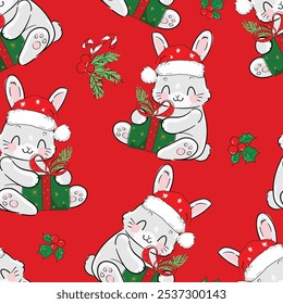 Christmas background Seamless pattern rabbit, bunny print design background vector textile for kids fashion