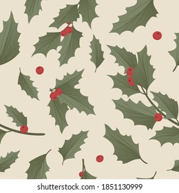 Weihnachtshintergrund nahtloses Muster mit realistischen Mistelbaumzweigen und heiligen, ilex.
