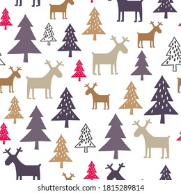 Christmas background seamless pattern with reindeer and pine tree, can be used for textile,  background, book cover, packaging