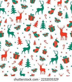 Christmas Background, seamless pattern with reindeer, tree, party set