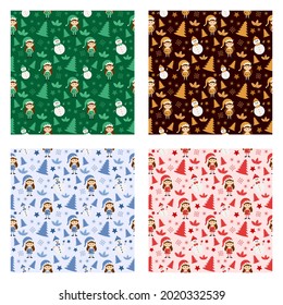 Christmas Background Seamless Pattern With Santa Claus, Tree, Socks, Snowman And Gifts For Landing Page, Wallpaper Or Decoration