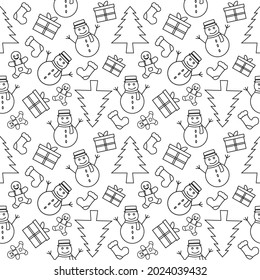 Weihnachtshintergrund Nahtlose Muster mit Weihnachtsmütze, Baum, Socken, Schneemann und Geschenke für Landung, Tapete oder Dekoration