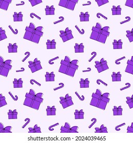 Christmas Background Seamless Pattern With Santa Claus, Tree, Socks, Snowman And Gifts For Landing Page, Wallpaper Or Decoration