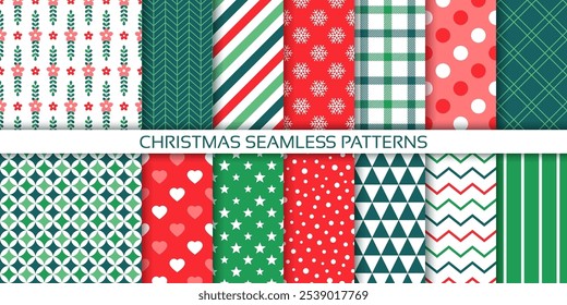 Christmas background. Seamless pattern with snowflake, stripes, triangle, star and check. Red green prints. Set geometric textures. Collection wrapping papers. Xmas backdrops. Vector illustration