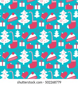 Christmas background. Seamless pattern with snowflakes, Christmas  tree, mittens, socks, gift boxes. Winter design.