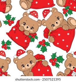 Christmas background Seamless pattern teddy bear new year print design background vector textile for kids fashion
