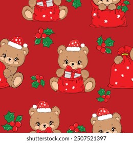 Christmas background Seamless pattern teddy bear new year print design background vector textile for kids fashion