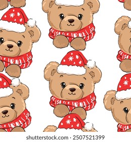 Christmas background Seamless pattern teddy bear new year print design background vector textile for kids fashion