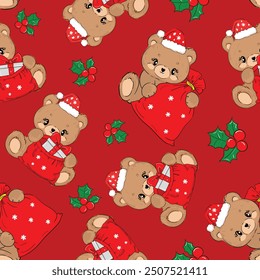 Christmas background Seamless pattern teddy bear new year print design background vector textile for kids fashion