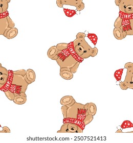 Christmas background Seamless pattern teddy bear new year print design background vector textile for kids fashion