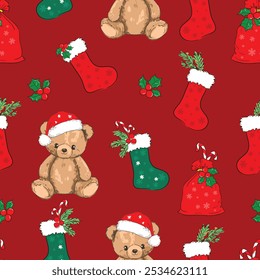 Christmas background Seamless pattern teddy bear new year print design background vector textile for kids fashion