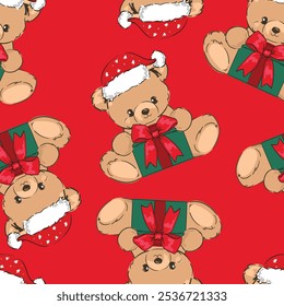 Christmas background Seamless pattern teddy bear new year print design background vector textile for kids fashion