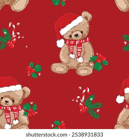 Christmas background Seamless pattern teddy bear new year print design background vector textile for kids fashion