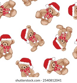 Christmas background Seamless pattern teddy bear new year print design background vector textile for kids fashion