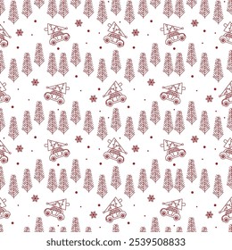 Christmas background seamless pattern with Christmas trees and car. White icons on a white background, a bright pattern for wrapping paper, textiles, clothing, covers. Vector
