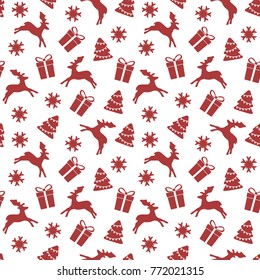 Christmas background. Seamless pattern with christmas trees, deer, gifts and snowflakes.