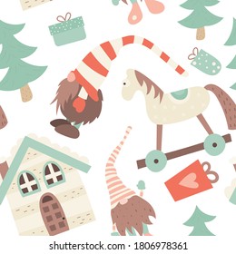 Christmas background, seamless pattern with xmas elements and characters - cute gnomes, wooden toys. Vector illustration.