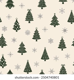 Christmas Background. Christmas seamless pattern. Xmas tree and snowflakes icons isolated on white background. Vector illustration 