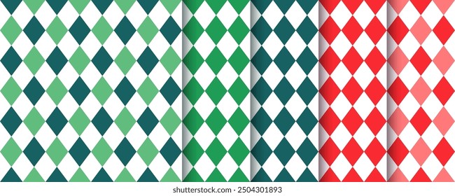 Christmas background. Seamless patterns with rhombuses. Set Xmas new year textures. Diamond prints. Collection festive wrapping papers. Lozenge red green backdrops. Vector illustration