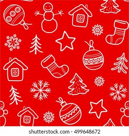 Christmas background, seamless, red. Vector background with white contour Christmas symbols on a red field. For the decoration. 