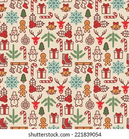 Christmas background, seamless tiling. Vector illustration. Wrapping paper pattern in vintage style. Cute Xmas characters. Deer head. Snowman in hat. Gingerbread man. New Year icons.