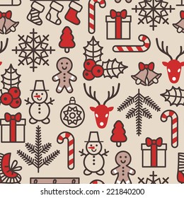 Christmas background, seamless tiling. Vector illustration. Wrapping paper pattern in vintage style. Cute Xmas characters. Deer head. Snowman in hat. Gingerbread man. New Year icons.