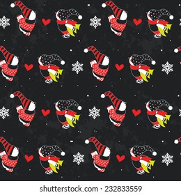 Christmas background. Seamless vector chalkboard pattern with elves, hearts and snow.