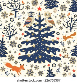 Christmas background. Seamless vector pattern. Owls, fox, squirrel, birds, Xmas tree, stars and snowflakes. Winter forest illustration.