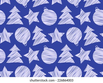 Christmas background. Christmas seamless vector pattern with christmas elements on blue background. Christmas pattern with scribble effect.