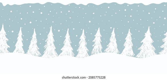 Christmas background. Seamless winter border. Silhouettes of white fir trees on a blue background. Vector illustration