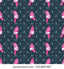 Christmas background. Seamless winter pattern with funny snowmen heads and snowflakes. Vector illustration on dark blue background