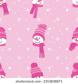 Christmas background. Seamless winter pattern with funny snowmen heads and snowflakes. Vector illustration in pink colors