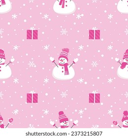 Christmas background. Seamless winter pattern with funny snowmen, gifts and snowflakes. Vector illustration in pink colors