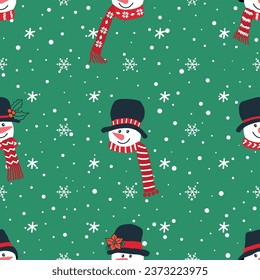 Christmas background. Seamless winter pattern with funny snowmen heads and snowflakes. Vector illustration on green background