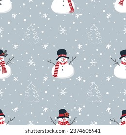 Christmas background. Seamless winter pattern with funny snowmen, fir trees and snowflakes. Vector illustration on gray background
