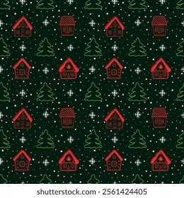 Christmas Background. Seamless Winter Pattern with Beautiful Christmas Houses. Red Silhouettes of Fabulous Buildings, Green Fir Trees, White Snowflakes on Black Background. Vector illustration