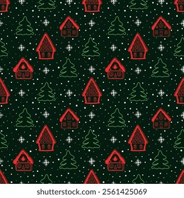 Christmas Background. Seamless Winter Pattern with Beautiful Christmas Houses. Red Silhouettes of Fabulous Houses, Green Fir Trees, White Snowflakes on Black Background. Vector illustration