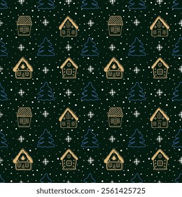 Christmas Background. Seamless Winter Pattern with Beautiful Christmas Houses. Golden Silhouettes of Fabulous Houses, Blue Fir Trees, White Snowflakes on Black Background. Vector illustration