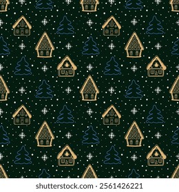 Christmas Background. Seamless Winter Pattern with Beautiful Christmas Houses. Golden Silhouettes of Fabulous Houses, Blue Fir Trees, White Snowflakes on Black Background. Vector illustration