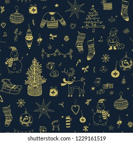 Christmas background, seamless wrapping paper pattern with snowman, fir-tree, toys, deer, gifts
