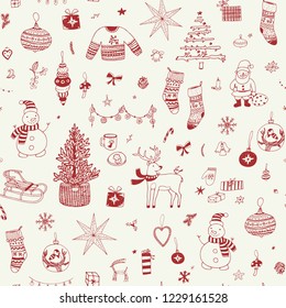 Christmas background, seamless wrapping paper pattern with snowman, fir-tree, toys, deer, gifts