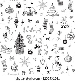 Christmas background, seamless wrapping paper pattern with snowman, fir-tree, toys, deer, gifts